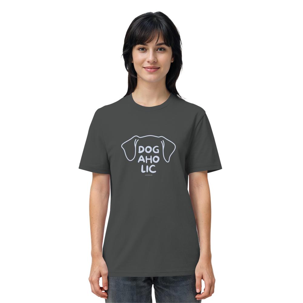 Frau trägt anthrazitfarbenes Unisex T-Shirt mit Hundemotiv