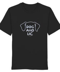 Schwarzes Unisex T-Shirt mit Line-Art-Hundekopf und Dogaholic-Schriftzug