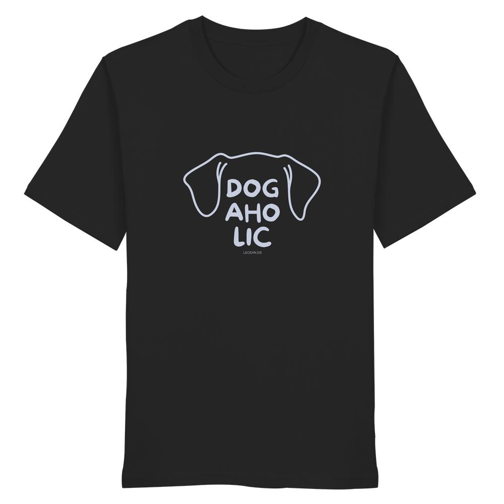Schwarzes Unisex T-Shirt mit Line-Art-Hundekopf und Dogaholic-Schriftzug