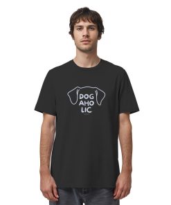 Mann trägt schwarzes Line Art Hund Shirt mit Dogaholic-Motiv