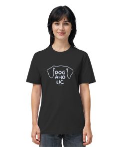 Frau trägt schwarzes Unisex Hundeshirt mit Line-Art-Motiv