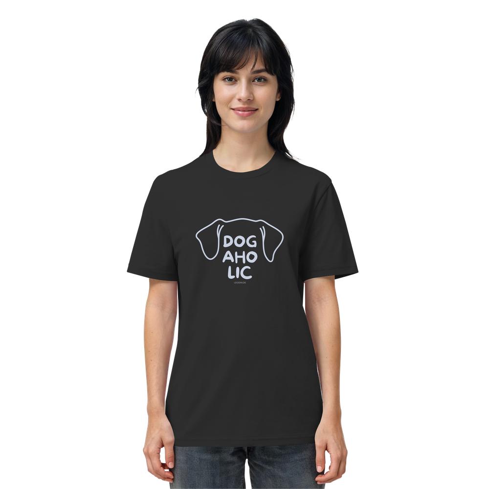 Frau trägt schwarzes Unisex Hundeshirt mit Line-Art-Motiv