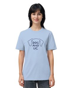 Damenmodel trägt graublaues Unisex T-Shirt mit Line-Art-Hundemotiv