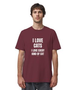 Mann trägt weinrotes Cat Lover Statement Shirt mit minimalistischem Katzen Spruch