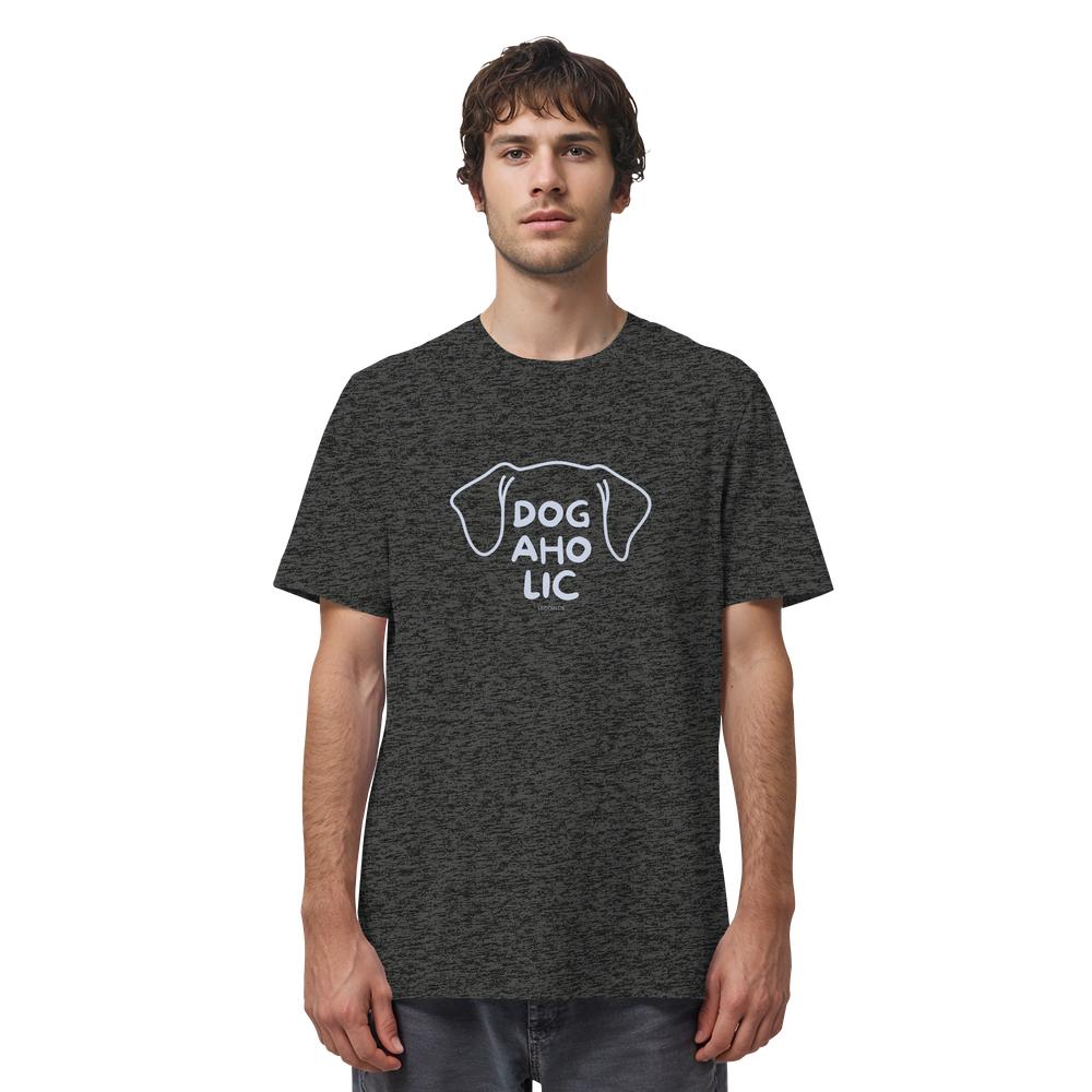 Mann trägt meliertes graues Hunde T-Shirt mit Line-Art-Motiv