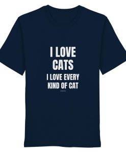 Marineblaues Unisex Bio Shirt mit Aufdruck „I love cats I love every kind of cat“ auf weißem Hintergrund
