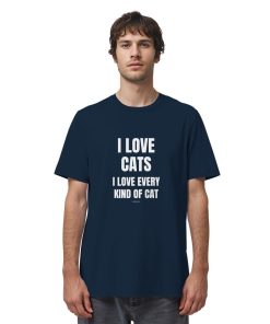 Mann trägt marineblaues Cat Lover Statement Shirt mit minimalistischem Katzen Spruch