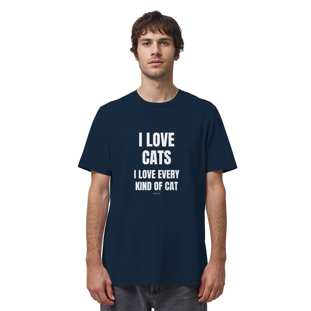 Mann trägt marineblaues Cat Lover Statement Shirt mit minimalistischem Katzen Spruch