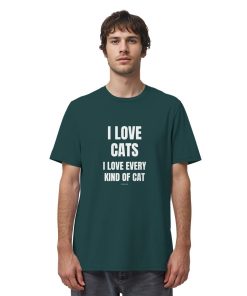 Mann trägt dunkelgrünes Cat Lover Statement Shirt mit minimalistischem Katzen Spruch