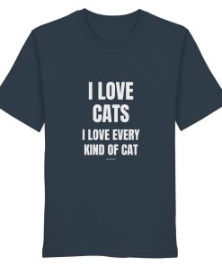Antrazithfarbenes Unisex Bio Shirt mit Aufdruck „I love cats I love every kind of cat“ auf weißem Hintergrund