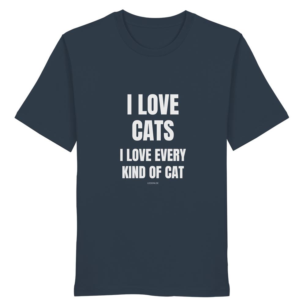 Antrazithfarbenes Unisex Bio Shirt mit Aufdruck „I love cats I love every kind of cat“ auf weißem Hintergrund