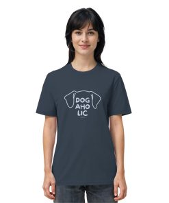 Frau im dunkelgrauen Unisex T-Shirt mit Line-Art-Hundemotiv