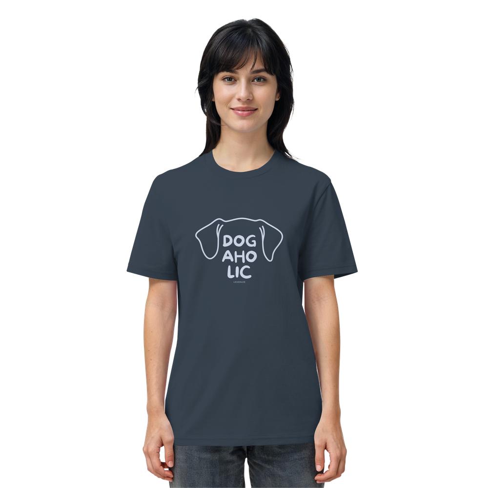 Frau im dunkelgrauen Unisex T-Shirt mit Line-Art-Hundemotiv