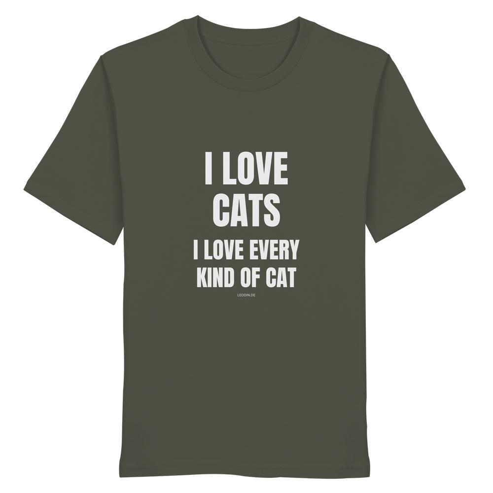 Khakifarbenes Unisex Bio Shirt mit Aufdruck „I love cats I love every kind of cat“ auf weißem Hintergrund