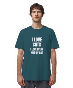 Mann trägt blaugrünes Cat Lover Statement Shirt mit minimalistischem Katzen Spruch