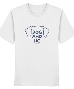 Weißes Unisex T-Shirt mit Line-Art-Hundekopf und Dogaholic-Schriftzug
