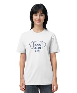 Damenmodel trägt weißes Unisex T-Shirt mit Hundemotiv