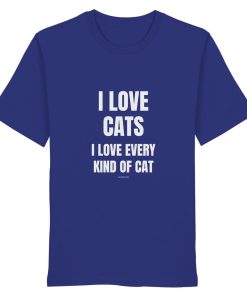 Blaues Unisex Bio Shirt mit Aufdruck „I love cats I love every kind of cat“ auf weißem Hintergrund
