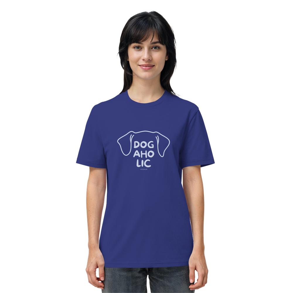 Frau trägt dunkelblaues Unisex T-Shirt mit Line-Art-Hundemotiv
