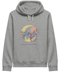 Grauer Katzen Hoodie Damen mit spirituellem Design und Katzenmotiv