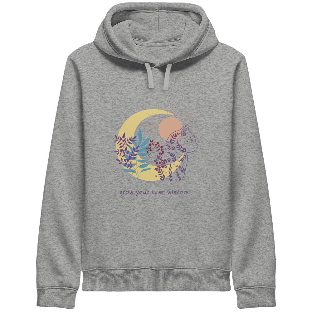 Grauer Katzen Hoodie Damen mit spirituellem Design und Katzenmotiv