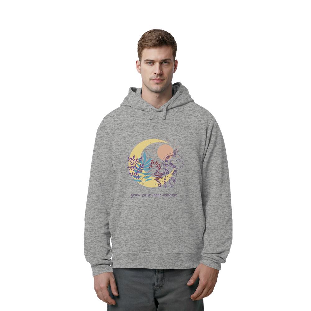 Mann trägt grauen Unisex Hoodie mit spirituellem Katzen Design