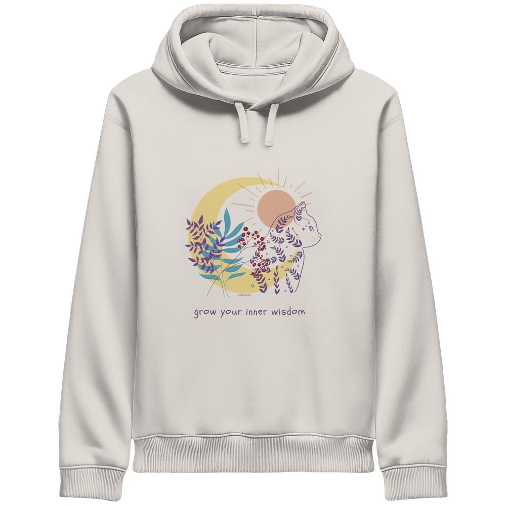 Vintage weißer Katzen Hoodie mit spirituellem Katzenmotiv und floralen Elementen