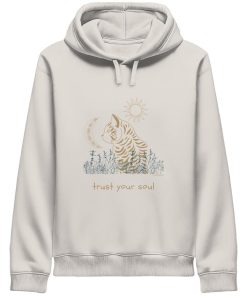 Vintage weißer Katzen Hoodie mit spirituellem Katzenmotiv und Schriftzug