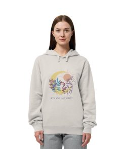 Frau trägt Vintage weißen Katzen Hoodie mit Grow Your Inner Wisdom Design