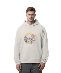 Mann trägt Vintage weißen Hoodie mit spirituellem Katzenprint