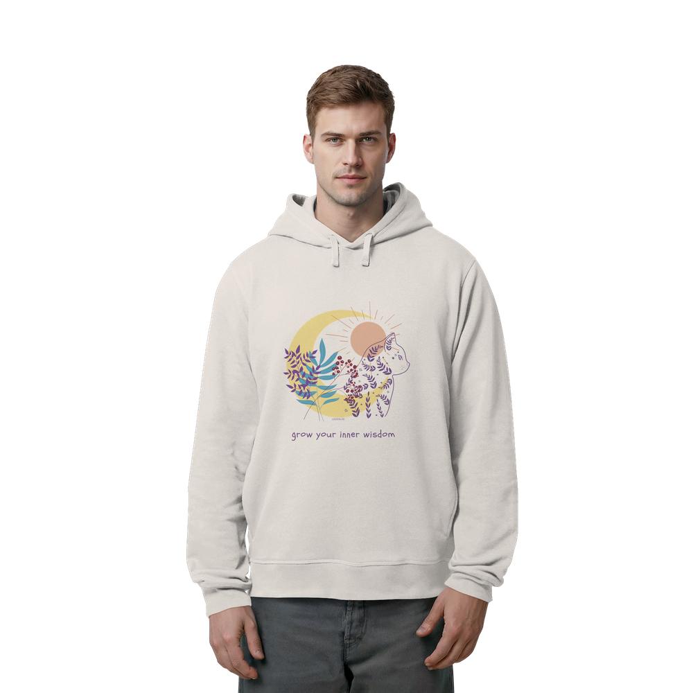 Mann trägt Vintage weißen Hoodie mit spirituellem Katzenprint