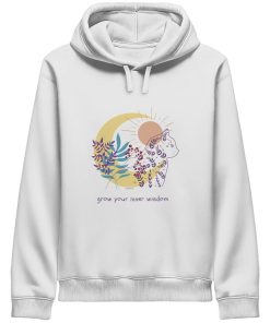 Weißer Katzen Hoodie Damen mit spirituellem Katzenmotiv und grow your inner wisdom Schriftzug