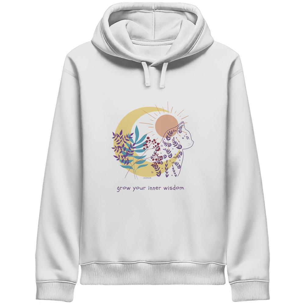 Weißer Katzen Hoodie Damen mit spirituellem Katzenmotiv und grow your inner wisdom Schriftzug