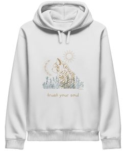 Weißer Katzen Hoodie Damen mit spirituellem Trust Your Soul Motiv und Katze
