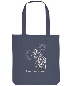 Dunkelblaue Katzen Stofftasche mit Katze, Mond und Trust Your Soul Schriftzug