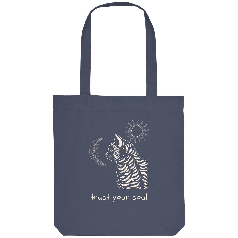 Dunkelblaue Katzen Stofftasche mit Katze, Mond und Trust Your Soul Schriftzug