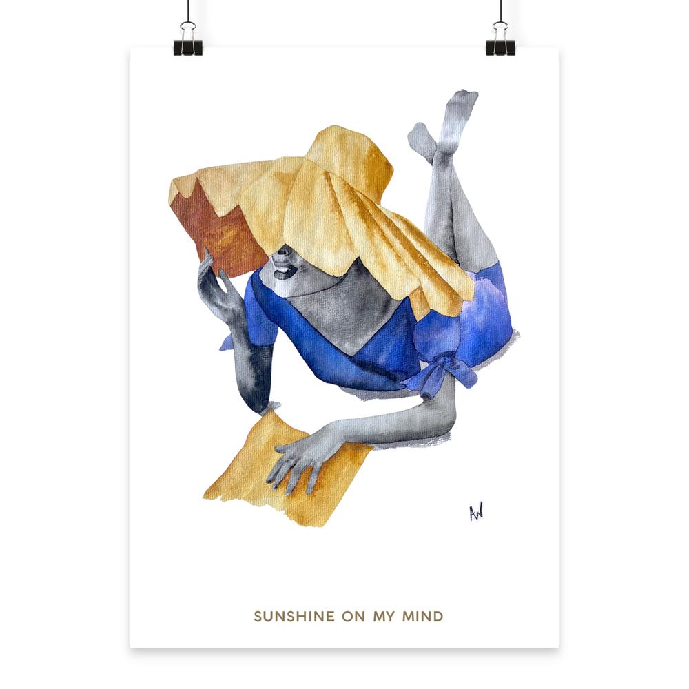 Handgemalte Aquarell Modeillustration „Sunshine on my Mind“ von LEODIN mit Frau unter großem gelbem Sonnenhut.