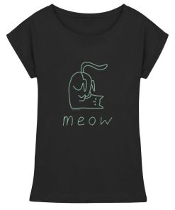 Schwarzes Damen Print T-Shirt mit grünem Katzen Linienprint und Schriftzug meow aus 100% Baumwolle von LEODIN Design