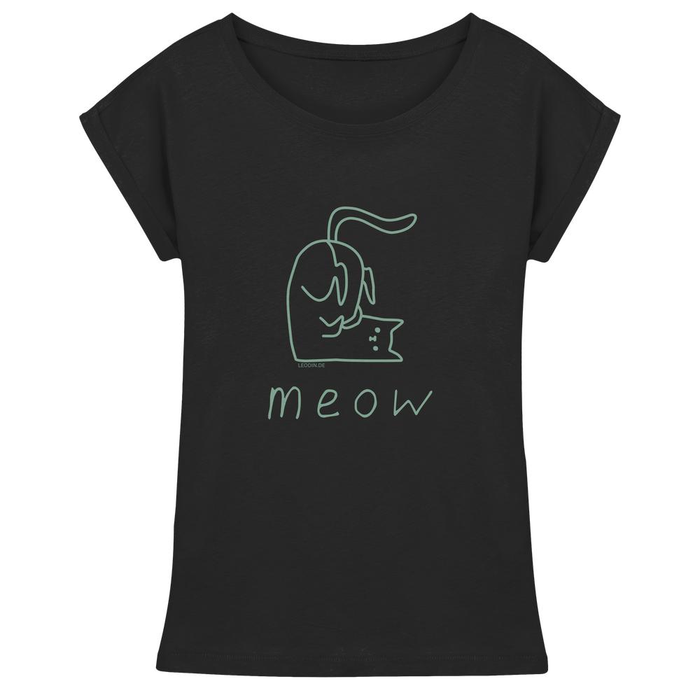 Schwarzes Damen Print T-Shirt mit grünem Katzen Linienprint und Schriftzug meow aus 100% Baumwolle von LEODIN Design