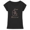 Schwarzes Damen meow T-Shirt mit rosa Katzenmotiv und extended Shoulders aus 100% Baumwolle von LEODIN Design