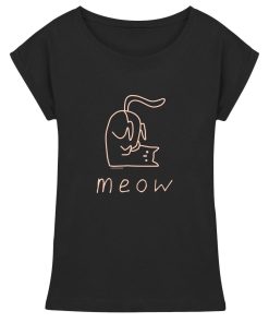 Schwarzes Damen meow T-Shirt mit rosa Katzenmotiv und extended Shoulders aus 100% Baumwolle von LEODIN Design