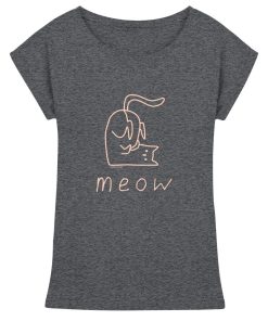 Dunkelgrau meliertes Damen Meow T-Shirt mit rosa Katzen Linienprint aus Baumwolle von LEODIN Design