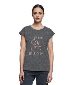 Model trägt anthrazitfarbenes Damen T-Shirt mit rosa Katzen Linienprint und extended Shoulders