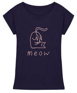 Dunkelblaues Damen Meow T-Shirt mit rosa Katzen Linienprint aus Baumwolle von LEODIN Design