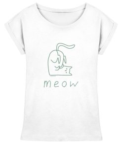 Weißes Damen Print T-Shirt mit grünem Katzen Linienprint und Schriftzug meow aus 100% Baumwolle von LEODIN Design