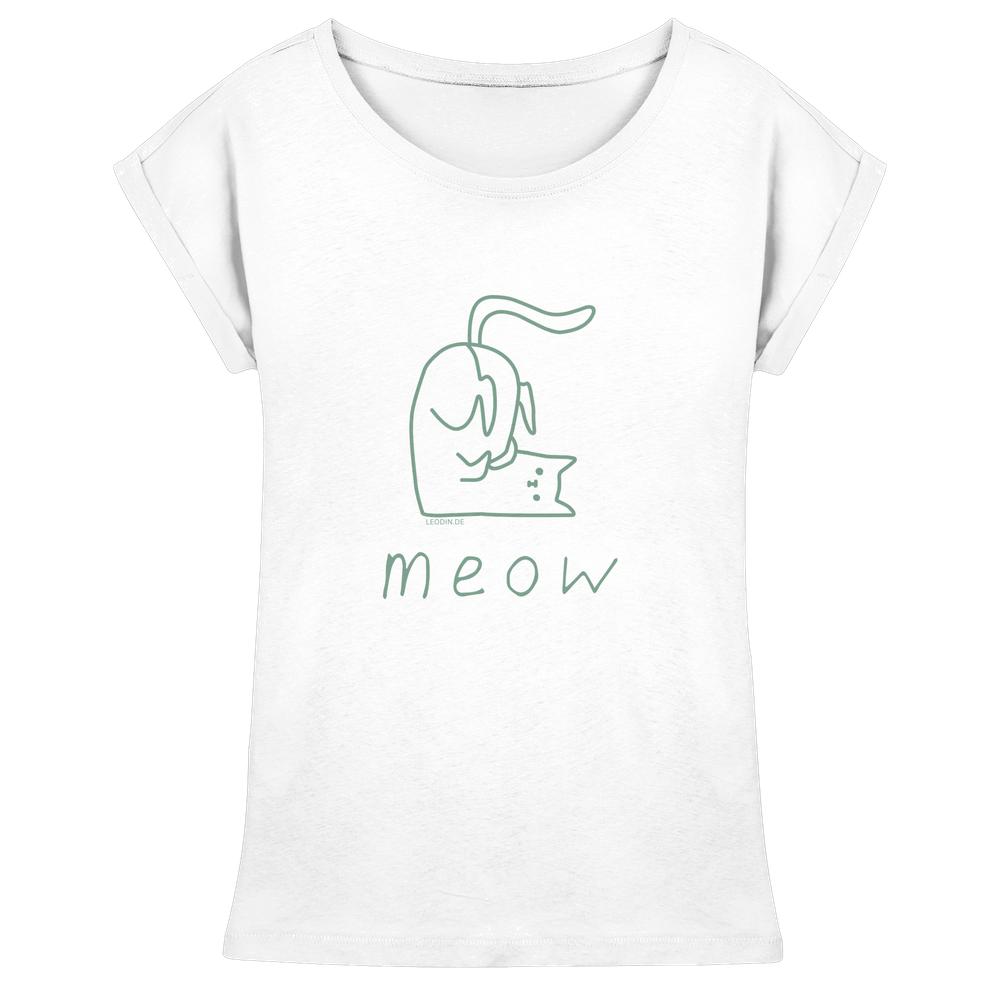 Weißes Damen Print T-Shirt mit grünem Katzen Linienprint und Schriftzug meow aus 100% Baumwolle von LEODIN Design