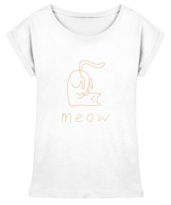 Weißes Damen Meow T-Shirt mit rosa Katzen Linienprint meow aus 100% Baumwolle von LEODIN Design