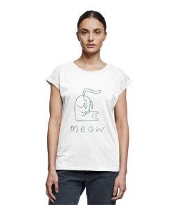 Dame trägt weißes Print T-Shirt mit grünem Katzenmotiv meow von LEODIN Design