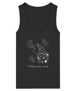 Schwarzes Katzen Tank Top Damen mit spirituellem Follow Your Soul Motiv