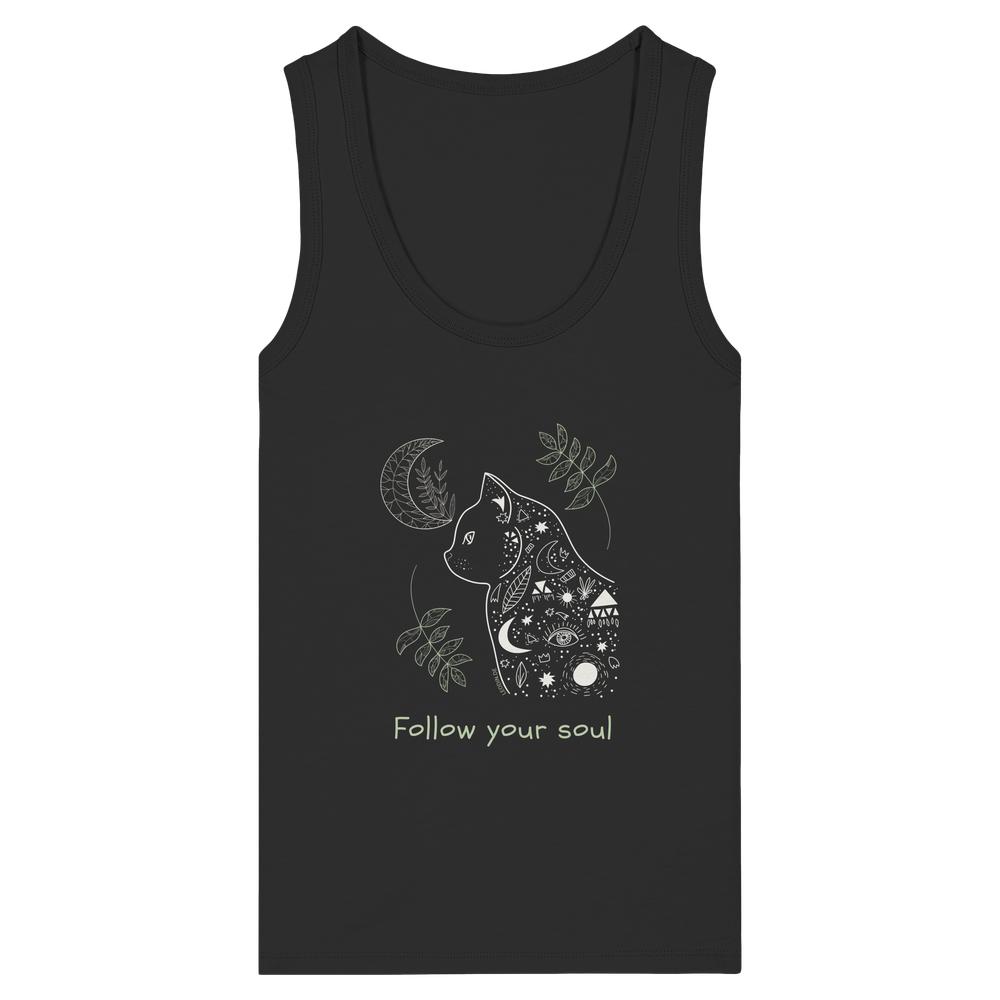 Schwarzes Katzen Tank Top Damen mit spirituellem Follow Your Soul Motiv